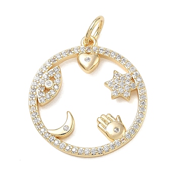 Brass Micro Pave Clear Cubic Zirconia Pendants, Flat Round with Evil Eye Charms, Real 14K Gold Plated, 23x21x2mm, Hole: 4mm