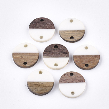 Resin & Walnut Wood Links connectors, Flat Round, White, 15~15.5x3~4mm, Hole: 1.8mm