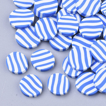 Handmade Polymer Clay Cabochons, Flat Round with Stripe, Imitation Candy, Dodger Blue, 8.5~10.5x1~2mm, about 250pcs/50g