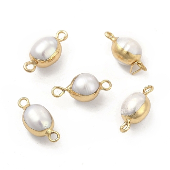 Natural Pearl Connector Charms, Oval Links, with Brass Double Loops, Light Gold, 17~18x8~9mm, Hole: 1.6~1.8mm