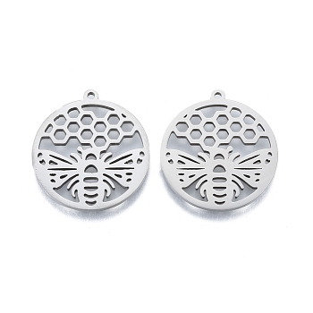 201 Stainless Steel Pendant,  Hollow Charms, Flat Round with Bee, Stainless Steel Color, 27x25x1.5mm, Hole: 1.4mm