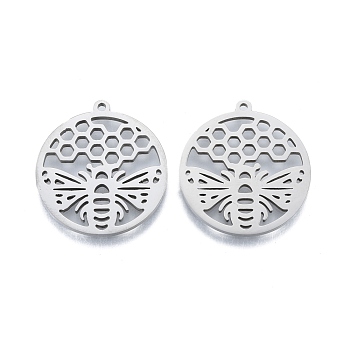 Non-Tarnish 201 Stainless Steel Pendant, Hollow Charms, Flat Round with Bee, Stainless Steel Color, 27x25x1.5mm, Hole: 1.4mm