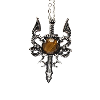 Natural Tiger Eye Dragon Sword Pendant Necklace, Gothic Alloy Jewelry for Men Women, Antique Silver & Platinum, 19.69 inch(50cm)
