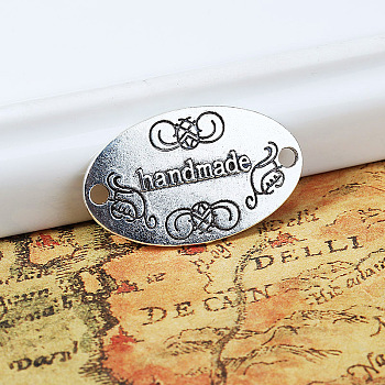 Alloy Connector Charms, Oval with Word handmade, Antique Silver, 19x32x1mm, Hole: 2mm