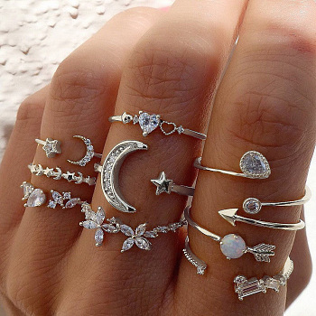 9Pcs Alloy with Crystal Rhinestone Finger Rings, Moon/Teardrop/Flower, Platinum, Inner Diameter: 16~19mm
