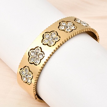 304 Stainless Steel Pave Clear Cubic Zirconia Hinged Bangles for Women, Flower, Ion Plating(IP), Long-Lasting Plated, Golden, Inner Diameter: 2.05x2.44 inch(5.2x6.2cm)