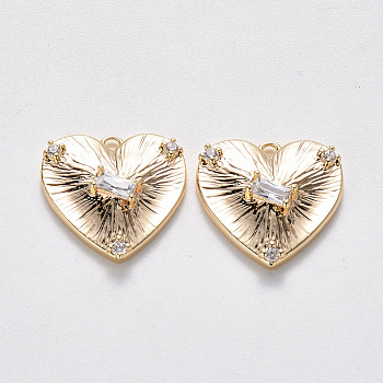 Brass Cubic Zirconia Pendants, Nickel Free, Heart, Real 18K Gold Plated, Clear, 15.5x15.5x4.5mm, Hole: 1.2mm
