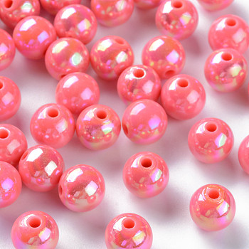 Opaque Acrylic Beads, AB Color Plated, Round, Salmon, 10x9mm, Hole: 2mm, about 940pcs/500g