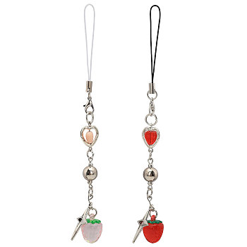 2Pcs 2 Colors Strawberry Handmade Lampwork Mobile Straps, Alloy Star Mobile Accessories Bag Decoration, Mixed Color, 150mm, 1pc/color