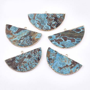 Electroplate Natural Ocean Jasper Big Pendants, with Iron Findings, Semicircle, Dyed, Golden, 34~35x60~62x4~5mm, Hole: 2mm