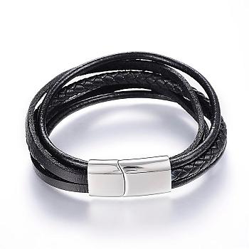 Leather Cord Multi-strand Bracelets, with 304 Stainless Steel Magnetic Clasps, Black, 8-1/4 inch(215mm)x11x6.5mm