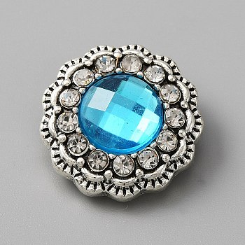 Alloy Rhinestone Snap Buttons, with Plastic Rhinestone, Jewelry Buttons, Flower, Light Blue, 20x9mm, Knob: 5.5mm