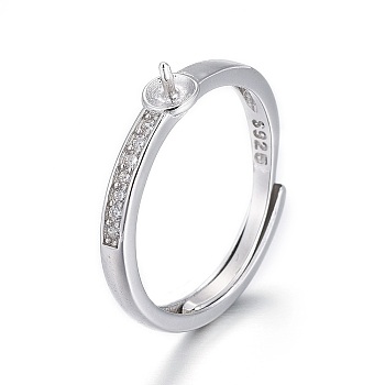 Anti-Tarnish Adjustable Rhodium Plated 925 Sterling Silver Finger Ring Components, For Half Drilled Beads, with Micro Pave Cubic Zirconia, with 925 Stamp, Platinum, Size 6, 16mm, Tray: 3.5mm, Pin: 0.8mm