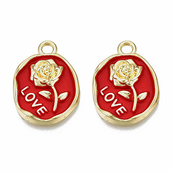 Rack Plating Alloy Enamel Pendants, Light Gold, Cadmium Free & Nickel Free & Lead Free, Oval with Rose & Word Love, Red, 21x16x3mm, Hole: 1.6mm