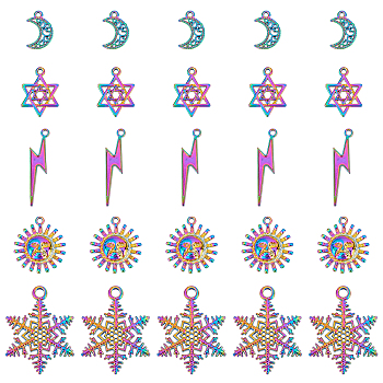 NBEADS 25Pcs 5 Styles Rainbow Color Alloy Pendants, Sun & Snowflake & Lightning Bolt & Moon & Star of David, 5pcs/style