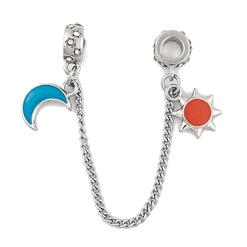 Rack Plating Sun & Moon Alloy Enamel European Safety Chains, for European Bracelet Making, Platinum, 100mm, Hole: 4.5mm