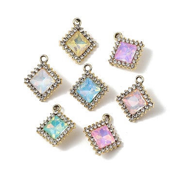 UV Plating Alloy Glass Pendants, Rhombus Charm, with Rhinestone, Faceted, Mixed Color, Golden, 20x17.5x6mm, Hole: 1.8mm