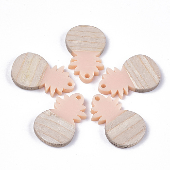 Resin & Wood Pendants, Pineapple, Pink, 28x17.5x3mm, Hole: 1.8mm