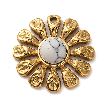 Natural Howlite Flower Pendants, 304 Stainless Steel Sunflower Charms, Golden, 24x24.5x5.5mm, Hole: 1.8mm