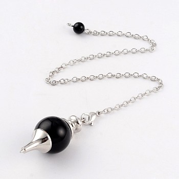 Natural Obsidian Sphere Dowsing Pendulums, with Platinum Tone Brass Cross Chain & Lobster Claw Clasps, 225~240mm