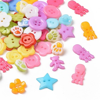 Mixed Acrylic Buttons, Mixed Shapes, Mixed Style, Mixed Color, 13~22x10.5~21x2~3.5mm, Hole: 1~3mm
