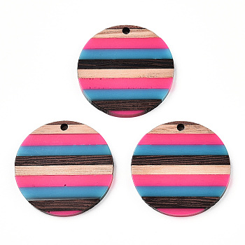 Opaque Resin & Walnut Wood Pendants, Flat Round Charm, Deep Pink, 30x3.5mm, Hole: 2mm