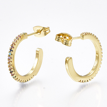Brass Micro Pave Cubic Zirconia Stud Earrings, Half Hoop Earrings, Real 18K Gold Plated, 18.5x1.5mm, Pin: 0.7mm