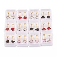 304 Stainless Steel Earlobe Plugs, Screw Back Earrings, with Glass, Heart, Golden, Mixed Color, 12.5mm, Pin: 1mm(EJEW-H105-07A)