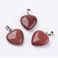 Synthetic Goldstone Pendants, Heart, with Brass Findings, Platinum, 22~23x20~20.5x6~7.5mm, Hole: 5x8mm(G-G956-B15-FF)