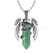 Natural Green Aventurine Bullet with Dragon Pendant Necklace with Zinc Alloy Chains, 19.69 inch(50cm)(PW-WG99720-02)