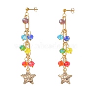 Chakra Jewelry, Dangle Stud Earrings, with Glass Beads, Iron Paperclip Chains, 304 Stainless Steel Stud Earring Findings, Brass Star Pendants & Ear Nuts, Golden, 90mm, Pin: 0.8mm(EJEW-JE04245)