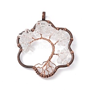 Flower Natural Quartz Crystal Copper Wire Wrapped Chip Big Pendants, Rock Crystal, Tree of Life Charm, with Red Copper Tone Iron Findings, 59x45x8mm, Hole: 6.2mm(G-E195-12R-02)