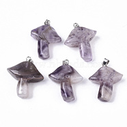 Natural Amethyst Pendants, with Stainless Steel Snap On Bails, Mushroom, Stainless Steel Color, 27.5~28.5x23~25x9.5~10.5mm, Hole: 3x5mm(X-G-R480-02B)