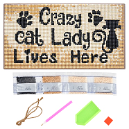 CREATCABIN 1Set DIY Wall Decor Sign Diamond Painting Kits, Rectangle Wood Board & Cat with Word Crazy cat Lady Lives Here, with Acrylic Rhinestone, Pen, Tray Plate, Glue Clay and Hemp Rope, Colorful, 1Set(DIY-CN0001-67)