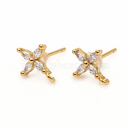 Brass Stud Earring Findings, with Loops, Clear Cubic Zirconia and Ear Nuts, Flower, Golden, 10.5x8mm, Hole: 1.4mm, Pin: 0.9mm(ZIRC-L096-14G)