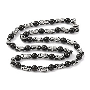 201 Stainless Steel Round Ball Links Chain Necklace, with 304 Stainless Steel Clasps, Stainless Steel Color, Black, 23.74 inch(60.3cm), Link: 19.5x8mm(NJEW-F222-38EBP-06)