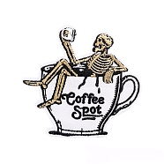Halloween Skull & Coffee Cup Appliques, Embroidery Iron on Cloth Patches, Sewing Craft Decoration, WhiteSmoke, 75x71mm(PW-WG66007-01)