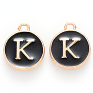 Golden Plated Alloy Enamel Charms, Enamelled Sequins, Flat Round, Black, Letter.K, 14x12x2mm, Hole: 1.5mm, 50pcs/Box(sgENAM-SZ0001-25B-K)