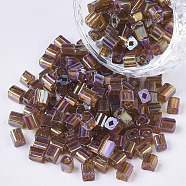 6/0 Glass Seed Beads, Transparent Colours Rainbow, Square Hole, Cube, Saddle Brown, 6/0, 3~5x3~4x3~4mm, Hole: 1.2~1.4mm, about 4500pcs/bag(SEED-S027-06B-02)