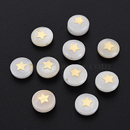Natural Freshwater Shell Beads, with Golden Plated Brass Metal Embellishments, Flat Round with Star, Seashell Color, 8x4.5mm, Hole: 0.6mm(SHEL-N003-22-05)