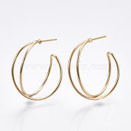 Brass Stud Earrings, Half Hoop Earrings, Nickel Free, Real 18K Gold Plated, 26x7mm, Pin: 0.8mm(KK-T038-304G)