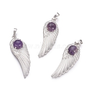 Natural Amethyst Pendants, with Platinum Tone Brass Findings, Wing, 47x16x7.5mm, Hole: 7x5mm(G-L512-P07)
