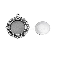 Pendant Making Sets, with Alloy Pendant Cabochon Settings and Glass Cabochons, Flat Round, Lead Free, Antique Silver, Tray: 20mm, 35x32x2mm, Hole: 2mm(DIY-X0288-64AS-LF)