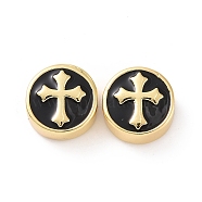 Brass Enamel Beads, Cadmium Free & Lead Free, Long-Lasting Plated, Flat Round with Cross, Real 18K Gold Plated, Black, 12x5.5mm, Hole: 2.5mm(KK-C004-12G-02)