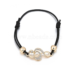 Alloy with Rhinestone Musical Note Link Bracelet, Braided Cords Adjustable Bracelet, Golden, 7-1/8 inch(18cm)(PW-WG50083-01)
