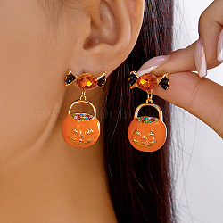 Halloween Pumpkin with Candy Zinc Alloy Enamel Dangle Stud Earrings, with Rhinestone, Golden, 37x20mm(FS-WG84531-03)