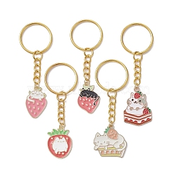 Strawberry Cat Alloy Enamel Pendant Keychain, with Iron Keychain Ring, Mixed Color, 7.5~8cm(KEYC-JKC00575)