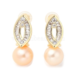 Natural Pearl Ear Studs, with Brass Micro Pave Clear Cubic Zirconia Findings and 925 Sterling Silver Pins, Round, Real 14K Gold Plated, 18x7mm(EJEW-P285-01G)