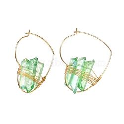 Electroplated Natural Quartz Wire Wrapped Earrings for Girl Women, Golden Heart Brass Hoop Earrings, Green, 42x35.5x7~9mm, Pin: 0.7mm(EJEW-JE04646-02)