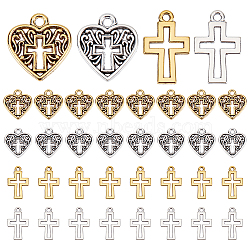 100Pcs 4 Style Tibetan Style Alloy Pendants, Hollow, Heart/Cross Charms, Antique Silver & Antique Golden, 16~17.5x10.5~14.5x1.5~2mm, Hole: 1.4~1.8mm, 25pcs/style(FIND-PH0025-17)